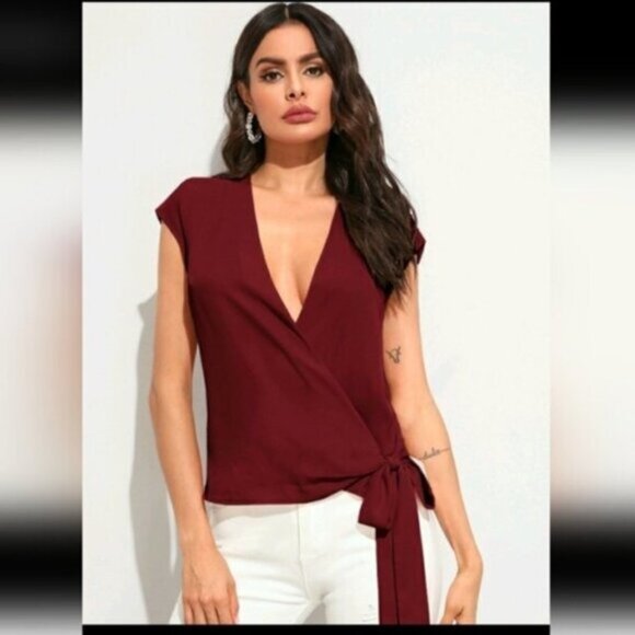 SHEIN Sleeveless Cabernet Red Wine Side Tie Wrap Blouse Shirt Size X-LARGE - Picture 1 of 5